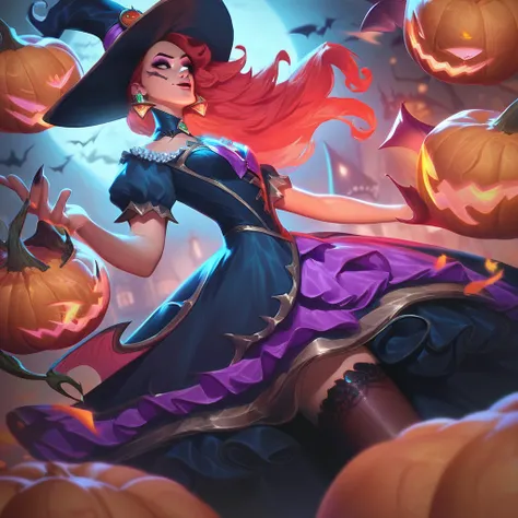 score_9, score_8_up, score_7_up, <lora:LOLHorrorsplashartsMIX:1>  1 girl, lolbewitchingsplashart,, Lolhorrorsplashartmix, jack-o-lantern, dress, thighhighs, hat, witch hat,  witch, dress, victorian dress, red hair, long hair, latina, latina woman