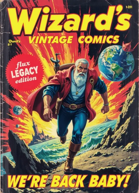 vintage comic book cover with the title "Wizards Vintage Comics" in a large text covering the whole page. A large red sticker with white text reads "flux LEGACY edition". Featuring Wizard Whitebeard running away from an exploding planet earth. Large text i...