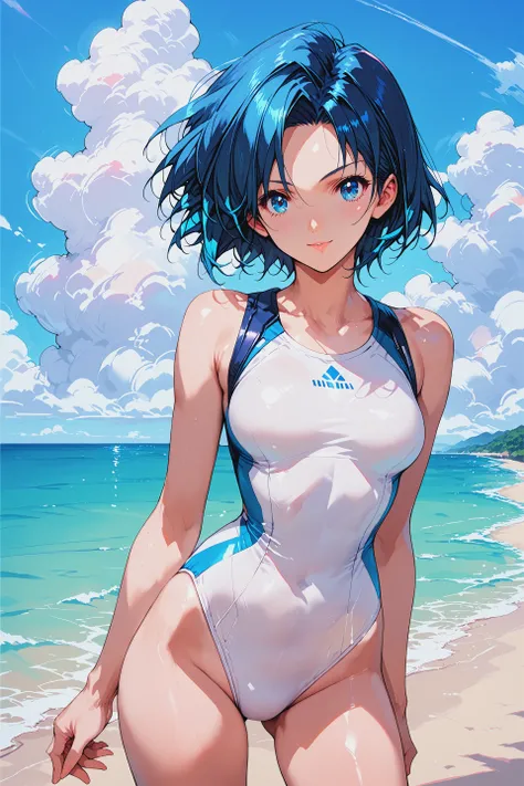 score_9, score_8_up,  score_7_up, source_ANIME,
1girl, solo, 
ceii ami mercury,
blue hair, blue eyes, short hair, parted bangs,
white one-piece swimsuit,
beach, ocean, cloud, cowboy shot,  simple swimsuit, 
looking at viewer, 
 <lora:ami01ch_e10:0.8>