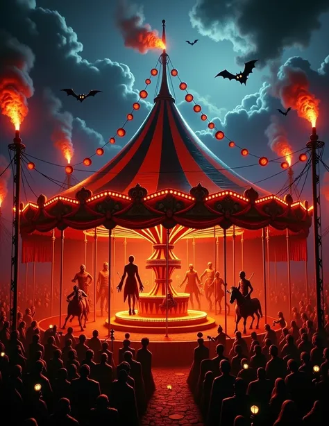 LXDHalloween, A dark, sinister circus tent at night, home to the Inferno Circus. The tent is illuminated by flickering red and orange lights, with fire rings and torches casting ominous shadows. Inside, ghostly clowns and skeletal acrobats perform terrifyi...