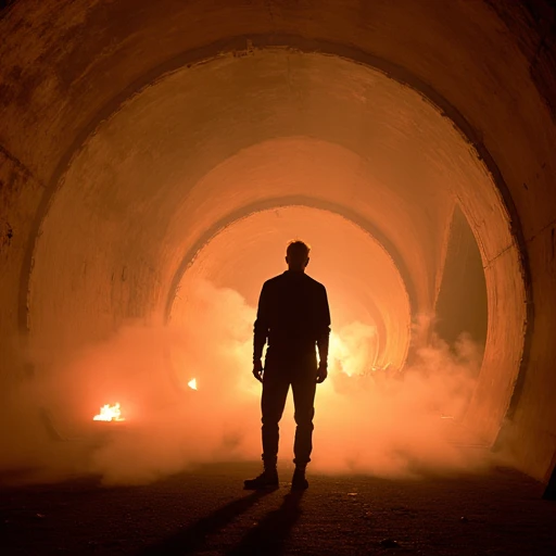 an image of keith flint stood in a large concrete tunnel surrounded by smoke and flames