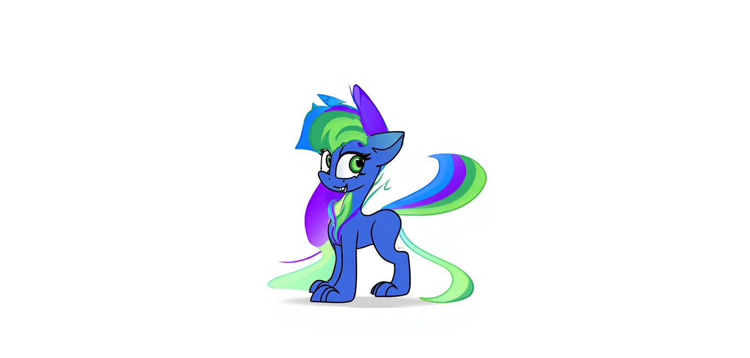 "A solo female sparkledog, standing on a simple white background. the sparkledog has fur and is clothed in blue. its hair comes in various colors such as blue, green, purple, and long. the sparkledog has 5 fingers and toes with teeth and navel visible. its...