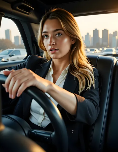 C0URD, A captivating close-up image captures a stunning, elegantly dressed woman with golden blonde hair cascading down her shoulders, sitting in the plush leather seat of an immaculate black sedan. The suns soft rays filter through the tinted windows, cas...