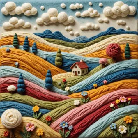 A cozy woolen tapestry depicting a serene countryside scene. Rolling hills made from soft, hand-dyed wool fibers blend into one another, with delicate trees and a small farmhouse crafted from various shades of yarn. The texture of the wool creates depth an...