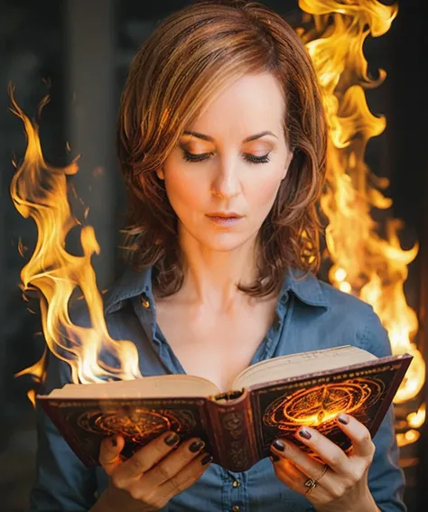 a professional absurdres sharp focus intricately detailed photograph of the beautiful Michelle_Brezinski, breathing fire at the viewer while reading spells from the necronomicon,
 <lora:Michelle_Brezinski-SDXL:1>