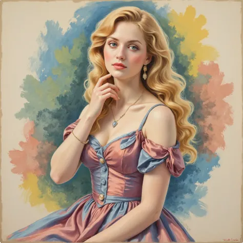 Chalk pastel mode, soft textures, vibrant colors, era 1800s impressionist, solo, chalk pastel art style, woman with long wavy blonde hair in a silk dress, she gently touches her neck with the index finger of her right hand, depicted in a soft chalk pastel ...