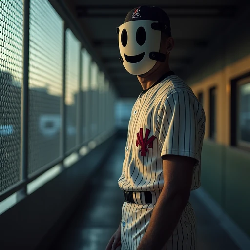 playful outfit., with metal and glass surfaces reflecting the sunlight., playful touch to the otherwise grim scene., A baseball player wearing a highrise_mask stands in a dimly lit scene