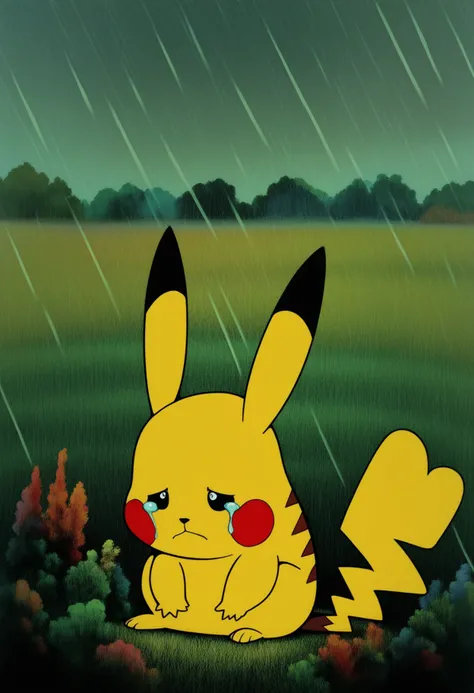 yellowsubstyle, safe_pos, score_9, score_8_up, score_7_up, 1boy, solo, pikachu, pokemon (creature), sad, crying, rain, sitting, field