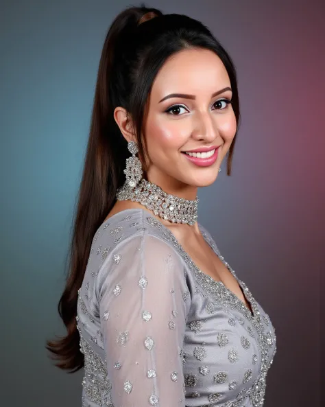 headshot photo of tripti dimri woman,paparazzi photo, smiling face,studio quality, wearing intricate high neck elegant Silver Salwar Kameez, high ponytail, darker pastel shaded multicolored background<lora:TestBedTripti_Dimri_Flux_Kohya_V1-step00000200.sa...