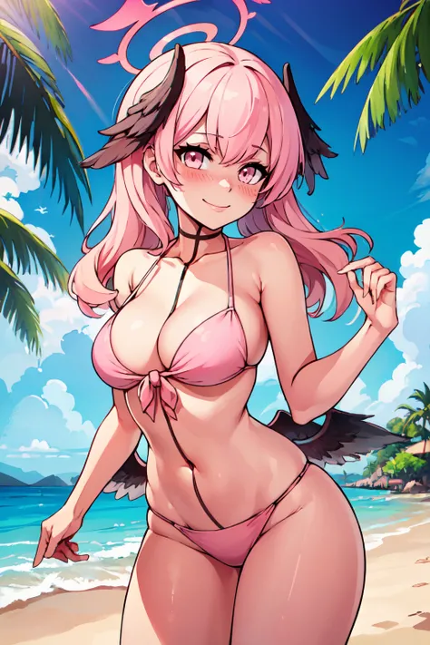 ((masterpiece,best quality)), absurdres,  BREAK, , <lora:Koharu_BlueArchive_Citron:0.8>, , zzKoharu, head wings, pink hair, halo, long hair, pink eyes, pink halo, BREAK,  bikini, tropical beach, blush,, BREAK, solo, smile, looking at viewer, cowboy shot,