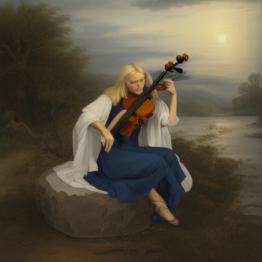 cloudy sky, painting (object), violin, blonde hair, water, tree, dress, wings, cape, beard, ass