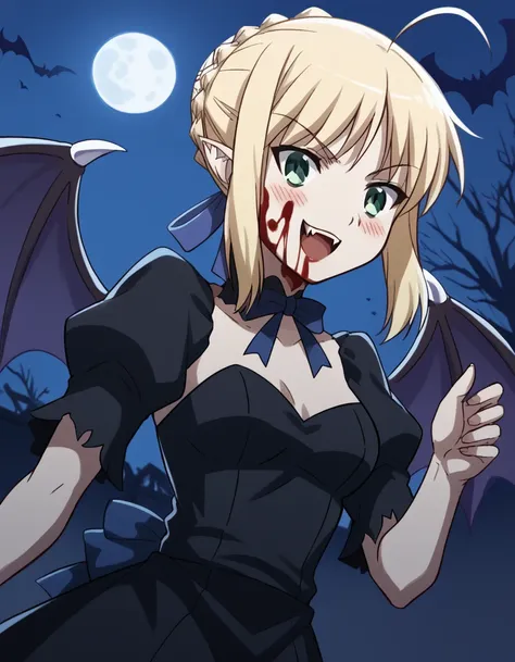 anime girl with blood on her face and a bat in her hand（artoria pendragon (fate))