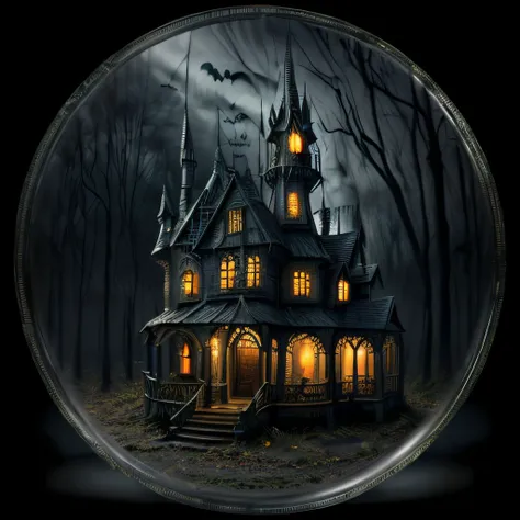 masterpiece, intricate photo, marvelous enchanted swamp, super refined detailed haunted house in a glass bottle, fantastic magic forest, gothic style, vampire style, dark art, halloween style, pumpkins, photo realistic, highly detailed, sharp focus, cozy o...