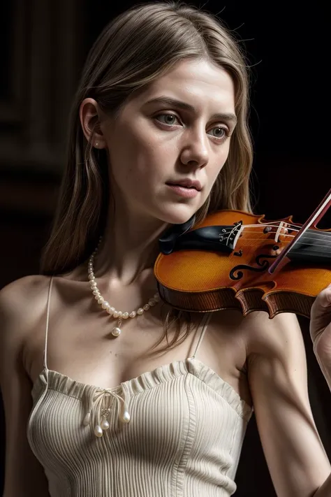 European woman, ZM_debra, closeup, (shirt), pants, (playing the violin), pearl necklace , (), wide shoulders, perfect face, (contact iris: 1.1), pale skin, skin pores , depth of field, Dramatic, canon50, 8k