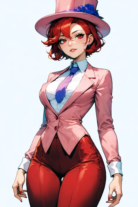 score_9, score_8_up, score_7_up, score_6_up,score_5_up,score_4_up, imtdellierose, red hair, short hair, red eyes, top hat, pink hat, formal, necktie, formal shirt, wide hips, medium breast, rating_questionable
