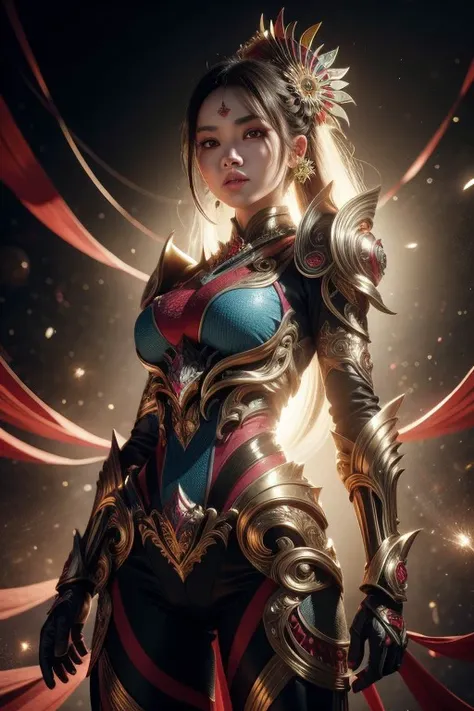 (high quality), (masterpiece), (detailed), 8K, Hyper-realistic painting of a young Indonesian woman wearing a futuristic suit that blends traditional patterns and vibrant colors, showcasing the rich heritage of Indonesia. She stands confidently in a dynami...