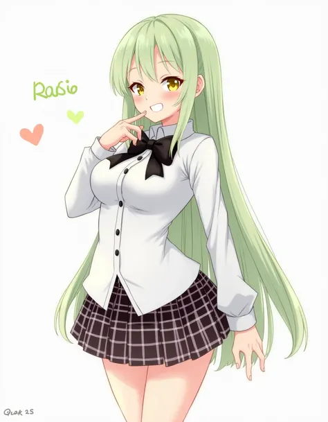 <lora:Sorako_Mozu_-_Flux_Dev-00008:1> sorakomozu, This is a digital drawing in the anime style. It depicts a short woman with long, straight light green hair and yellow eyes. she is wearing a schoolgirl outfit, including a plaid skirt, a white blouse with ...