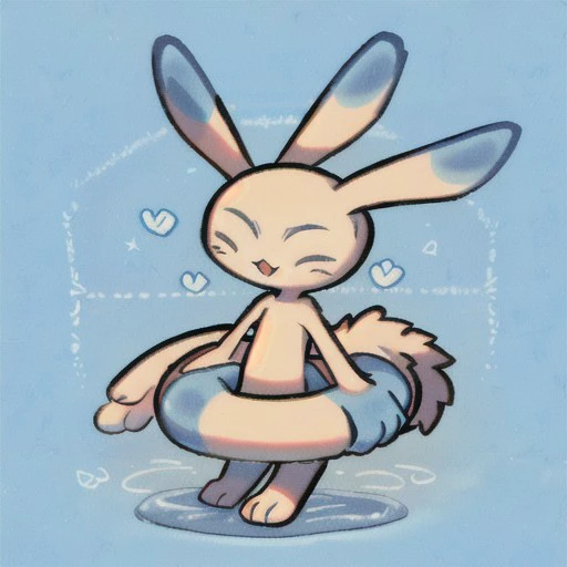 cute, rabbit, pokemon, wallabit, white fur, closed eyes, happy, blue fur on ears, wearing a floaty