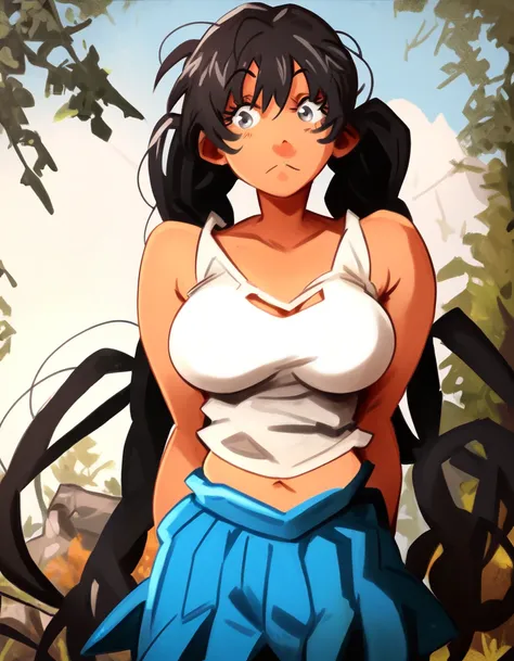 score_9, score_8_up, score_7_up, khyle, 1girl, black hair, very long hair, twintails, silver eyes, large  breasts, tanktop, pleated skirt, standing, solo