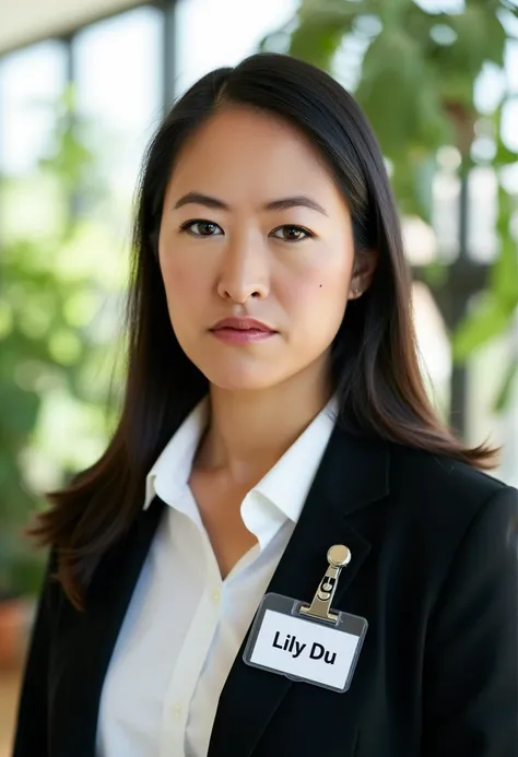 A portrait photo of lilydu, a woman. She is looking straight at the viewer with a serious expression on her face. Her eyebrows are drawn down. Her mouth is closed, her lips are pressed together. She is wearing a professional white shirt and a black busines...