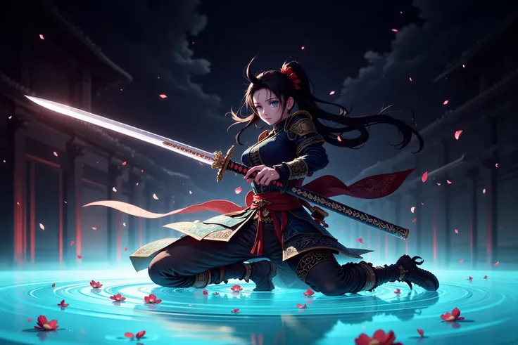 1girl, solo, long hair, black hair, hair ornament, long sleeves, holding, closed mouth, full body, ponytail, weapon, flower, boots, outdoors, sky, pants, sword, cloud, water, holding weapon, armor, sash, petals, night, glowing, holding sword, katana, red f...