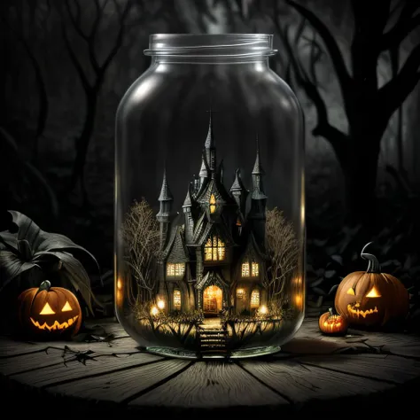 masterpiece, intricate photo, enchanted swamp, haunted house in a glass bottle, magic forrest, gothic style, vampire style, dark art, halloween, pumpkins, hyper realistic, highly detailed, sharp focus, cozy outdoor lighting, best quality, high resolution, ...