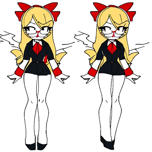 1girl, anime lineart, full body view, dynamic angle, looking at viewer, blonde hair, red bows, black shorts, white shirt, red tie, long hair, smoking, glasses