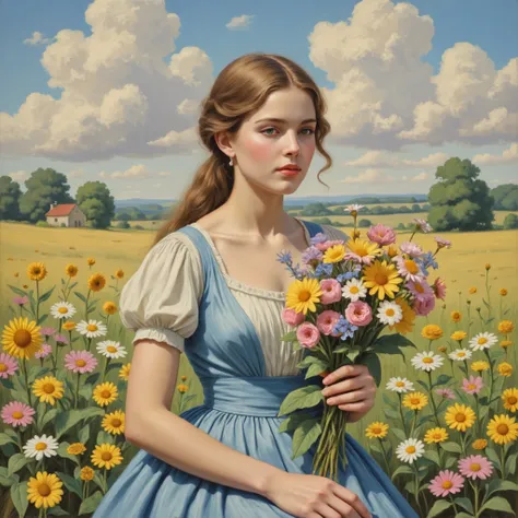 Chalk pastel mode, soft textures, vibrant colors, era 1800s impressionist, casual attire, solo, chalk pastel art style, Rating SFW, a figure of a young woman with with a bouquet of wildflowers depicted in a soft chalk pastel scene, the vibrant colors and s...