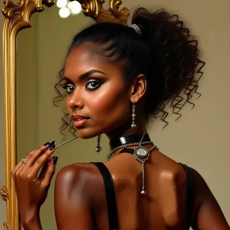 nail polish, solo, dark skin, realistic, choker, looking back, mirror, brown hair, jewelry, golden-brown skinned female