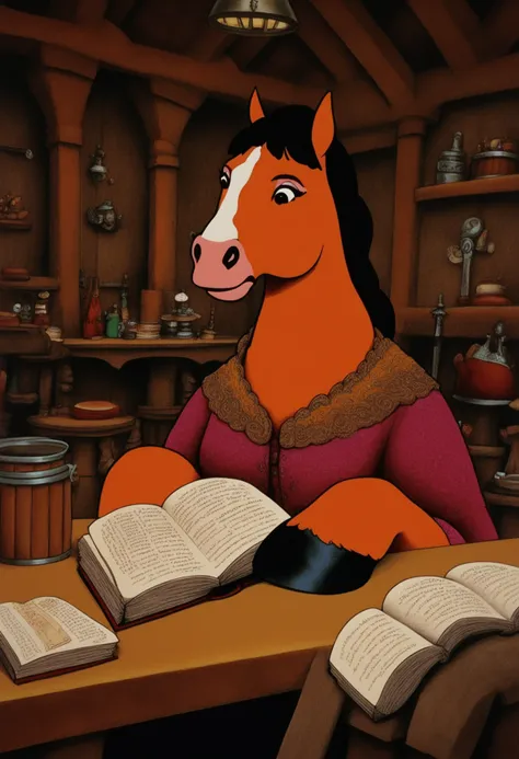 yellowsubstyle, safe_pos, score_9, score_8_up, score_7_up, 1girl, solo, medieval fantasy, female horse, furry, reading a book, tavern, hooves