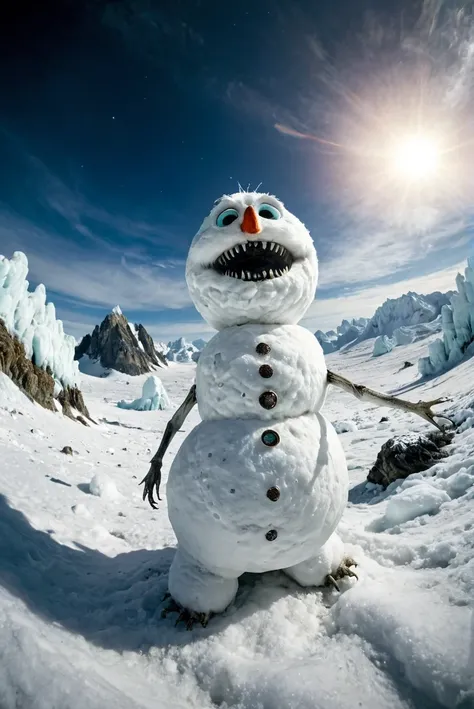 unreal world,fluffy Snowman on alien planet,creature,monster,giant crysta, (16mm lens low wide-angle,(fish-eye:0.8)),(move noment)