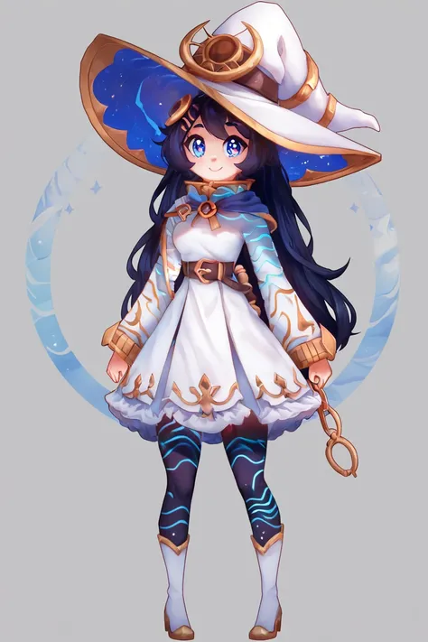 score_9, score_8_up, score_8, medium breasts, (curvy), cute, eyelashes,       BREAK, , ,,,   zzYstra, blue eyes, black hair, long hair,  hat, long sleeves, witch hat, standing, full body, dress, blue hair, white dress,  <lora:Ystra_AstralWitch_AlexisPflaum...