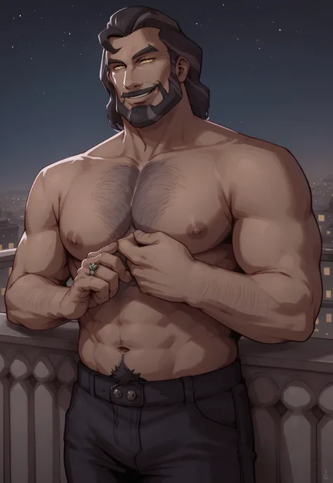 safe_pos, score_9, score_8_up, Andromachos, medium hair, beard, facial hair, yellow eyes, smirk, looking at viewer, balcony, night, stars, city in the background, (leaning in front of the balcony, dynamic pose, dutch angle), ring,  ((hands squeezing pecs))...