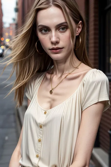 European woman, ZM_frieda, closeup, (shirt), pants, (streets of boston), gold necklace , (), wide shoulders, perfect face, (contact iris: 1.1), pale skin, skin pores , depth of field, Dramatic, canon50, 8k