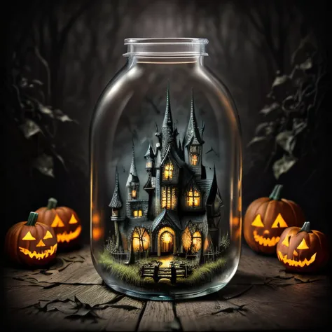 masterpiece, intricate photo, enchanted swamp, haunted house in a glass bottle, fantastic magic forest, gothic style, vampire style, dark art, halloween style, pumpkins, photo realistic, highly detailed, sharp focus, cozy outdoor lighting, best quality, hi...