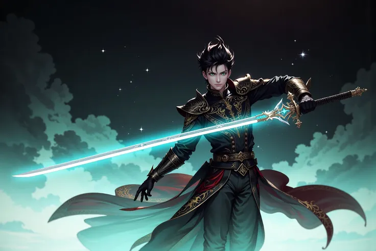 solo, looking at viewer, black hair, gloves, 1boy, holding, green eyes, weapon, male focus, sword, signature, cape, holding weapon, glowing, holding sword, unsheathing