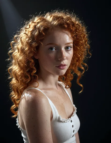 beautiful girl with curls and lots of freckles, (ginger hair), full body, dramatic light, Rembrandt lighting scheme, (hyperrealism:1.2), (8K UHD:1.2), (photorealistic:1.2), shot with Canon EOS 5D Mark IV