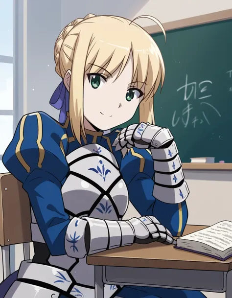 anime girl sitting at a desk with a book in front of her（artoria pendragon (fate))