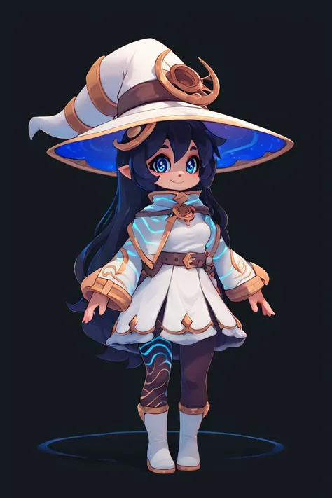 score_9, score_8_up, score_8, medium breasts, (curvy), cute, eyelashes,       BREAK, , ,,,   zzYstra, blue eyes, black hair, long hair,  hat, long sleeves, witch hat, standing, full body, dress, blue hair, white dress,  <lora:Ystra_AstralWitch_AlexisPflaum...