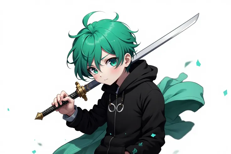 a vibrant green-haired cartoon character, dressed in a black hooded jacket, holds a sword in his right hand. His eyes are a piercing green, adding a pop of color to the otherwise monochromatic scene. The sword is held in his left hand, with a gold handle. ...