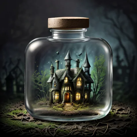 enchanted swamp, haunted house in a glass bottle,  <lora:GlassBottle:0.7>