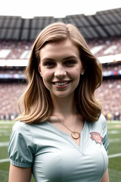 European woman, ZM_jovana, closeup, (shirt), pants, (in cheerleader uniform at football game), cross necklace , smiling , wide shoulders, perfect face, (contact iris: 1.1), pale skin, skin pores , depth of field, Dramatic, canon50, 8k