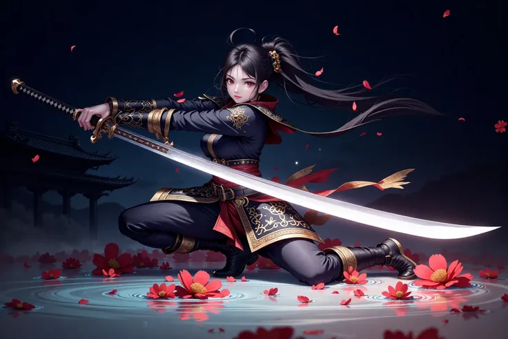 1girl, solo, long hair, black hair, hair ornament, long sleeves, holding, closed mouth, full body, ponytail, weapon, flower, boots, outdoors, sky, pants, sword, cloud, water, holding weapon, armor, sash, petals, night, glowing, holding sword, katana, red f...