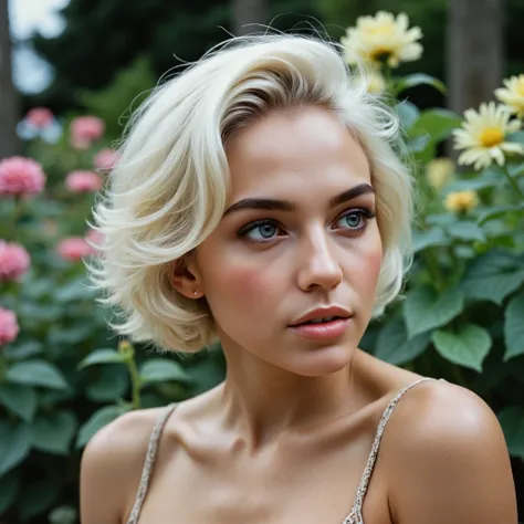 beautiful woman with short white hair, extremely detailed face, skin, hair, and eyes, photograph, high-octane, Kodak UltraMax 400, 800mm lens, without blur, without bokeh, in a garden