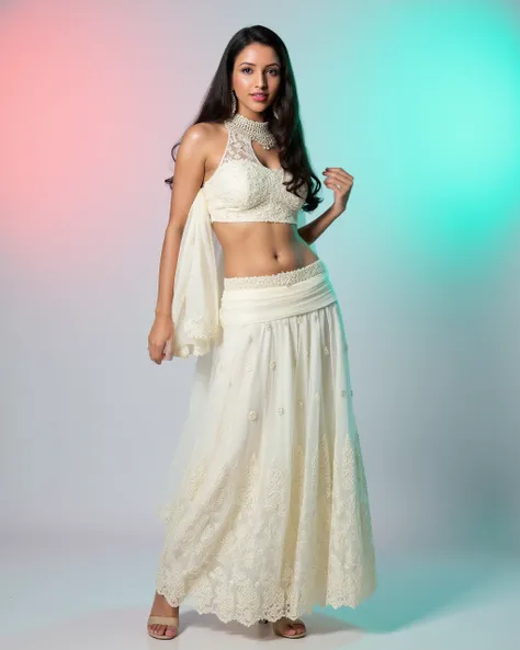 full body photo of tripti dimri woman,paparazzi photo, shouting face,studio quality, wearing intricate high neck elegant White  Ghagra Choli, straight hair, darker pastel shaded multicolored background<lora:TestBedTripti_Dimri_Flux_Kohya_V1-step00000200.sa...