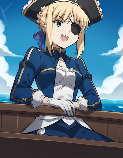 anime girl in pirate costume sitting on a boat with a hat on（artoria pendragon (fate))