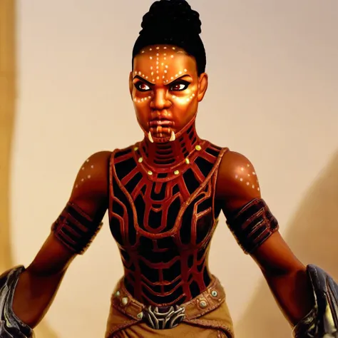 black hair, dark skin female, bare shoulders, wakanda armor, Shuri, boots, brown eyes, Face paint, belt, face paint