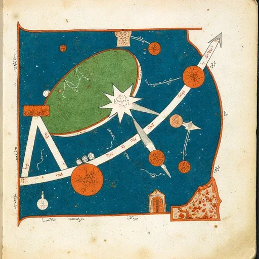 The image is a photograph of an illuminated manuscript page from a medieval codex, likely from an old manuscript, possibly from the Islamic world, abstract representation of the cosmos, blue, green, with various celestial bodies and constellations intercon...