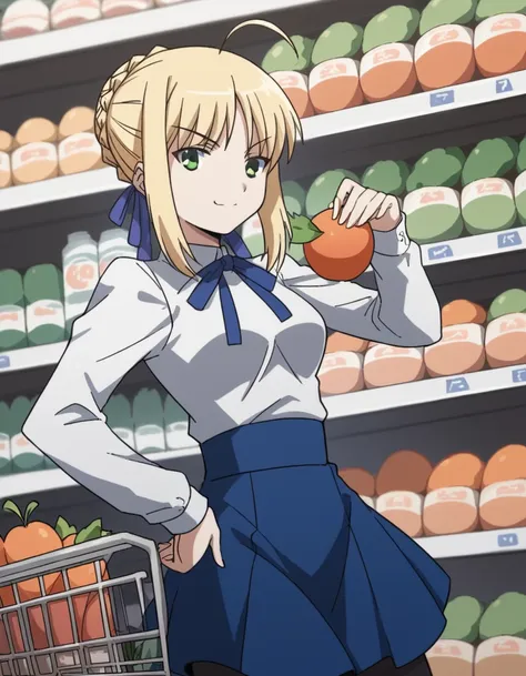 anime girl in uniform holding an apple in front of a grocery cart（artoria pendragon (fate))