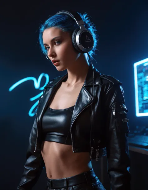 a woman wearing headphones, crop top, leather jacket, in a dark room with a blue light behind her head, Anka Zhuravleva, cyberpunk style, cyberpunk art, retrofuturism